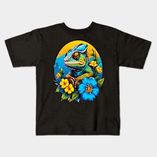 Chameleon Surrounded by Vibrant Spring Flowers Kids T-Shirt